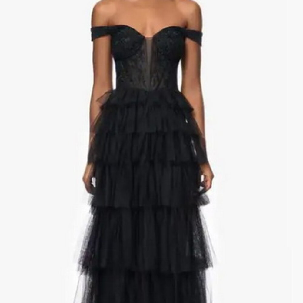 Blondie Nites Black Tiered Ruffle Off the Shoulder Corset Gown
